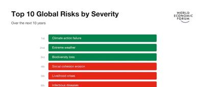 Chart showing top ten global risks, 2022. Includes severity and likelihood axes, with bars representing each risk.