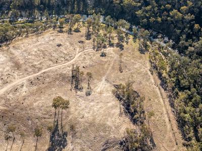 Drone view: Lush green valley, winding river, forested hills.