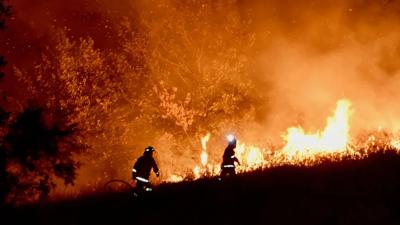 Burning wildfire, orange flames, smoke billowing, dark sky.