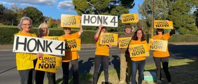 Protest sign "Honk 4 Climate" held by person, crowd in background, sunny day.