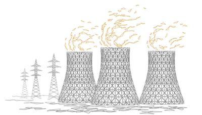 Nuclear power plant cooling towers against a blue sky.