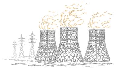 Nuclear power plant cooling towers against a blue sky.