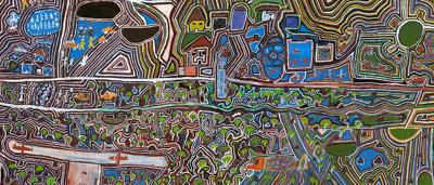 A vibrant painting of a person with a colorful background and abstract shapes.