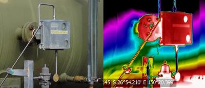 Leak detection system graphic: pipes, gauges, and a schematic diagram.