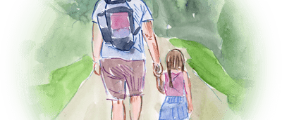 Bushwalk scene, person walking on a trail through a forest, sunlight filtering.