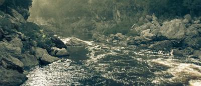 Franklin River scene, post-win. River flows through a valley, mountains in background.