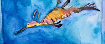 Weedy Seadragon artwork, colorful, detailed, aquatic animal, children's art competition.