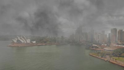 Sydney Bushfire Emergency - Office towers and residential high rise buildings in CBD hidden behind thick smoke haze