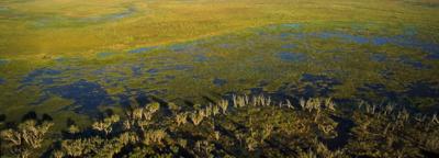 Cape York landscape, green vegetation, blue sky, clouds, and a mountain range.