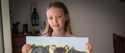 Artwork of a koala and other animals in a forest, by a child, titled "Black Summer Orphans".