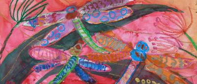 Dragonfly art, blue and green, with intricate wing details, on a white background.