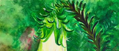 Girl in school uniform, holding a bell, smiling.