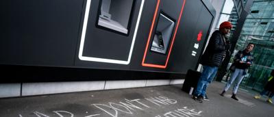 Protest outside NAB headquarters, rally against fossil fuel funding, 2021.