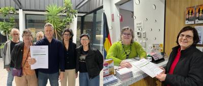 Volunteers dropping off open letter, MP office, building exterior, people, envelopes.