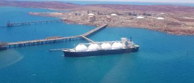 Gas ship at sea, Scarborough gas project, offshore Australia.