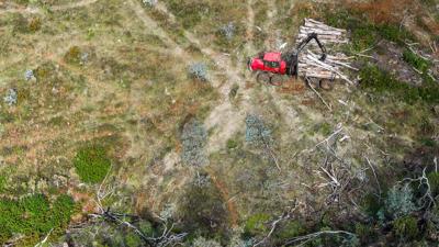 Aerial view: Deforestation, truck with claw removing logs, cleared land.