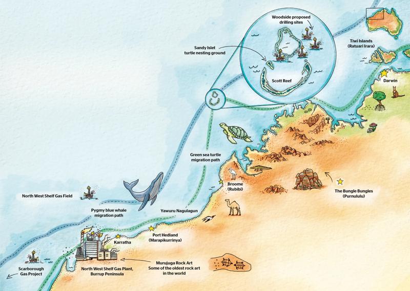 Illustrated map showing Scott Reef north-west of Broome, proposed Woodside drilling sites, turtle and whale migration paths, and the North West Shelf gas plant on the Burrup Peninsula.