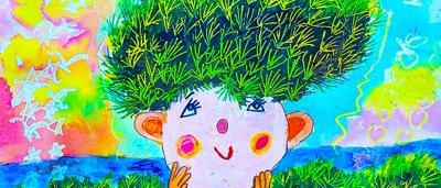 Green plant art, stylized, with leaves and a central stem.