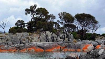 Tasmanian Bay of Fires coastline with red rocks, white sand, and blue ocean.