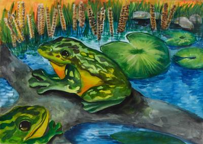 Spotted frog artwork, finalist in a kids' art competition. Depicts a frog in a vibrant, artistic style.