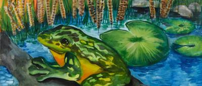 Spotted frog artwork, finalist in a kids' art competition. Depicts a frog in a vibrant, artistic style.