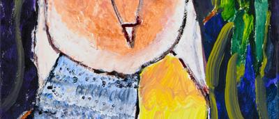 Masked owl art, white face, dark eyes, brown and white feathers, perched on branch.