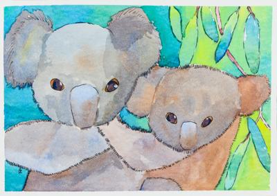 Koala in tree, colorful artwork, children's art competition, threatened species theme.
