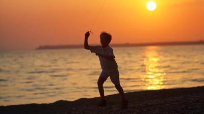 Boy flying a kite in sunlight.