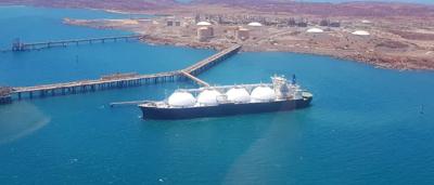Gas ship sailing on water, Western Australia.