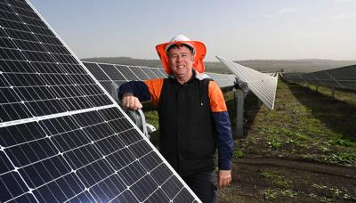 Solar farm panels under a blue sky.
