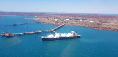 Gas ship being filled up, Pilbara, Western Australia.