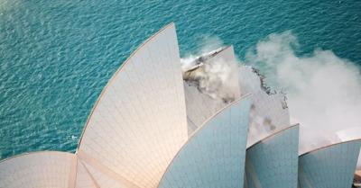 Sydney Opera House, white sails, blue sky, harbor view.