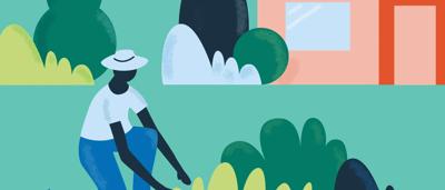 COVID-19 care tile. Woman in mask, healthcare worker, patient, medical equipment, blue background.