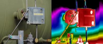 FLIR camera, thermal image, person, building, outdoor scene.