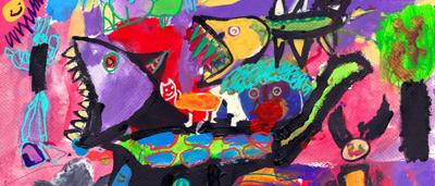 Tasmanian devil, black fur, white markings, snarling, open mouth, showing teeth.