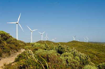 Wind turbines in a row on a Western Australia wind farm.