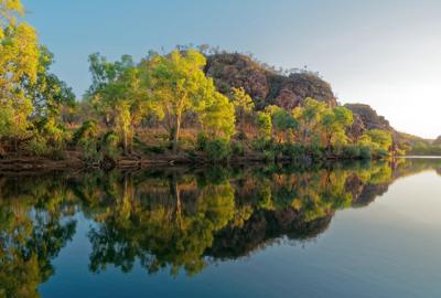 Katherine River Gorge, calm water, tree reflections, cliff, Northern Territory.