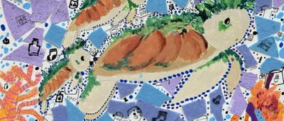 Mary River turtle in polluted water, debris visible.