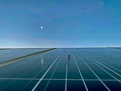 Solar farm in Queensland, Australia. Rows of solar panels, built in 2019.