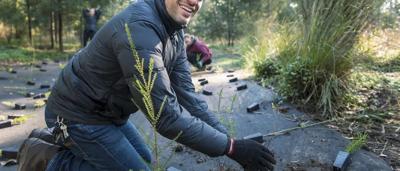 Woman in field, holding flowers, smiling.