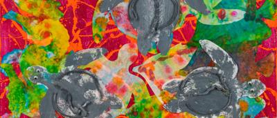 Two green sea turtles swimming in blue water, artistic style.