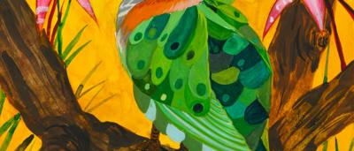 Forest artwork, colorful trees, child's drawing, finalist competition piece.