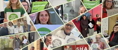 People holding hands, nature background, website banner.