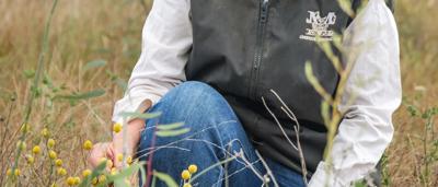 Two people, Jo and Greg, stand in a field, Canary Island, VIC.