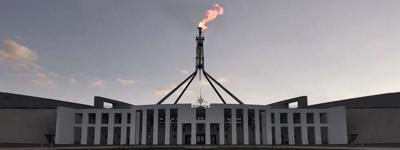 Gas pipeline graphic with Parliament House in the background.