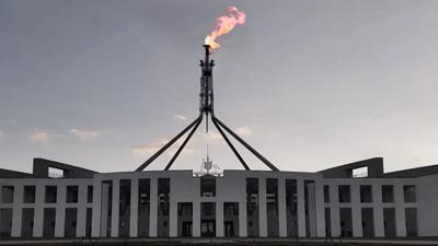 Gas pipeline graphic with Parliament House in the background.
