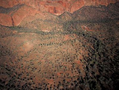 Aerial view of Kimberley landscape, featuring red rock formations and water.
