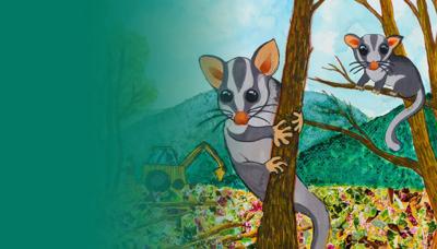 Possums on a branch, night scene, header art.