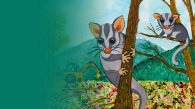 Possums on a branch, night scene, header art.