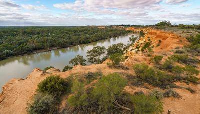 Header image: Murray River landscape, blue water, green trees, sunny sky.